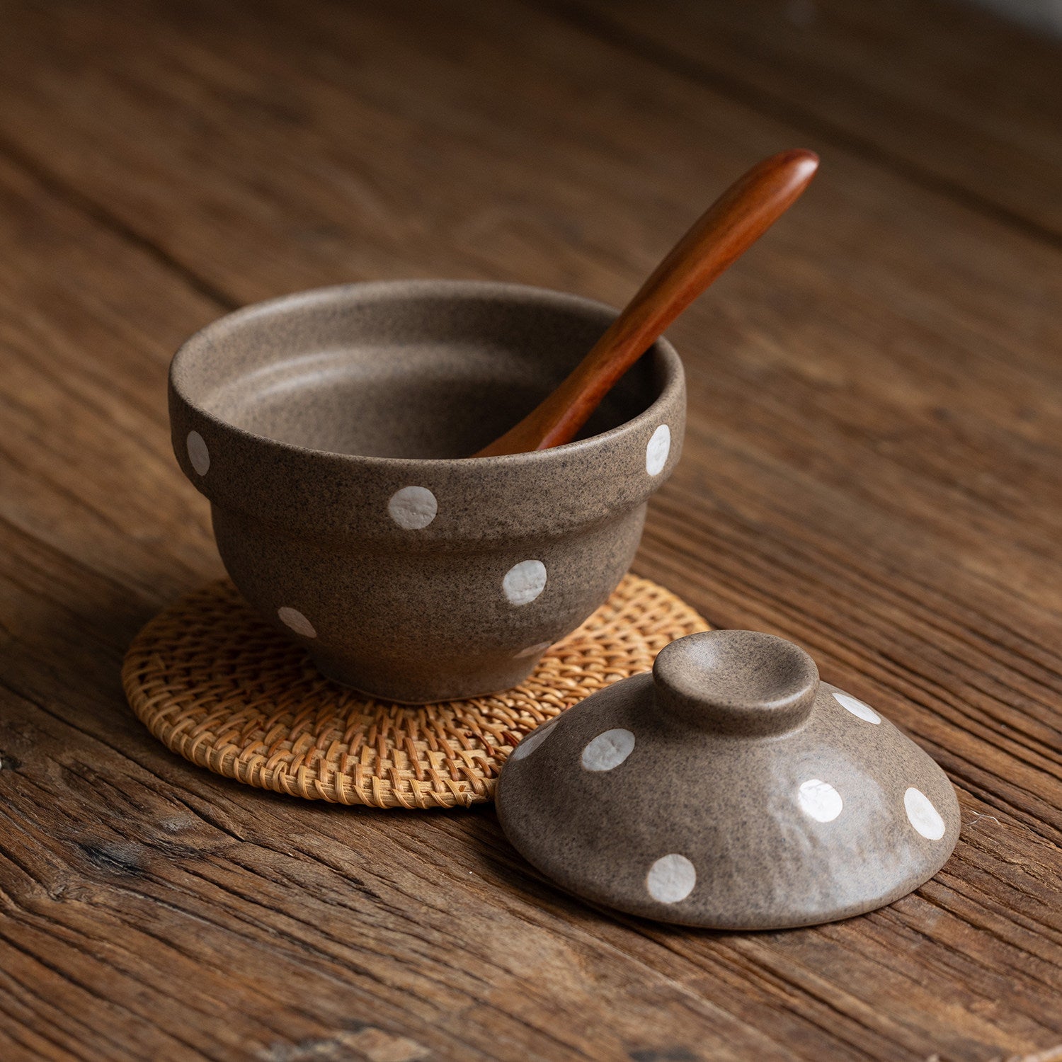 Japanese Ceramic Covered Bowl | Brown Polka Dot | 200ml Stew & Egg Custard Bowl with Lid