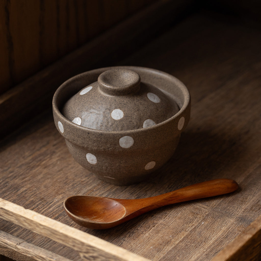 Japanese Ceramic Covered Bowl | Brown Polka Dot | 200ml Stew & Egg Custard Bowl with Lid