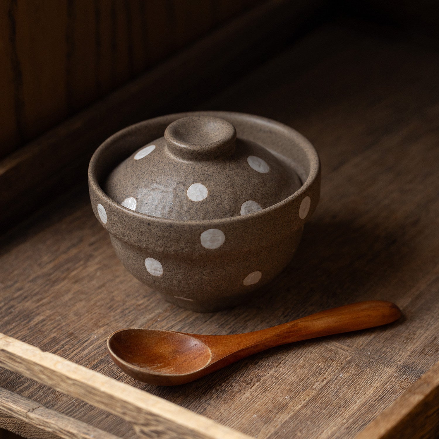 Japanese Ceramic Covered Bowl | Brown Polka Dot | 200ml Stew & Egg Custard Bowl with Lid