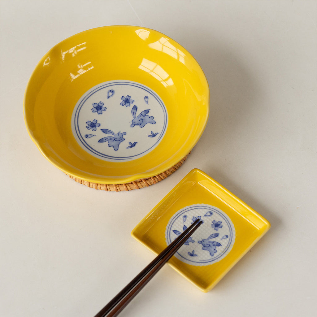 Japanese Ceramic Tableware | Yellow Glaze Cherry Blossom Rabbit | Bowl & Plate Set