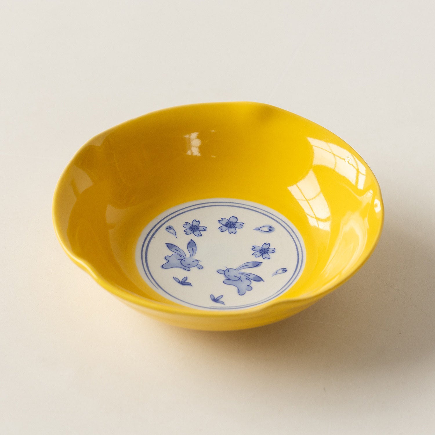 Japanese Ceramic Tableware | Yellow Glaze Cherry Blossom Rabbit | Bowl & Plate Set