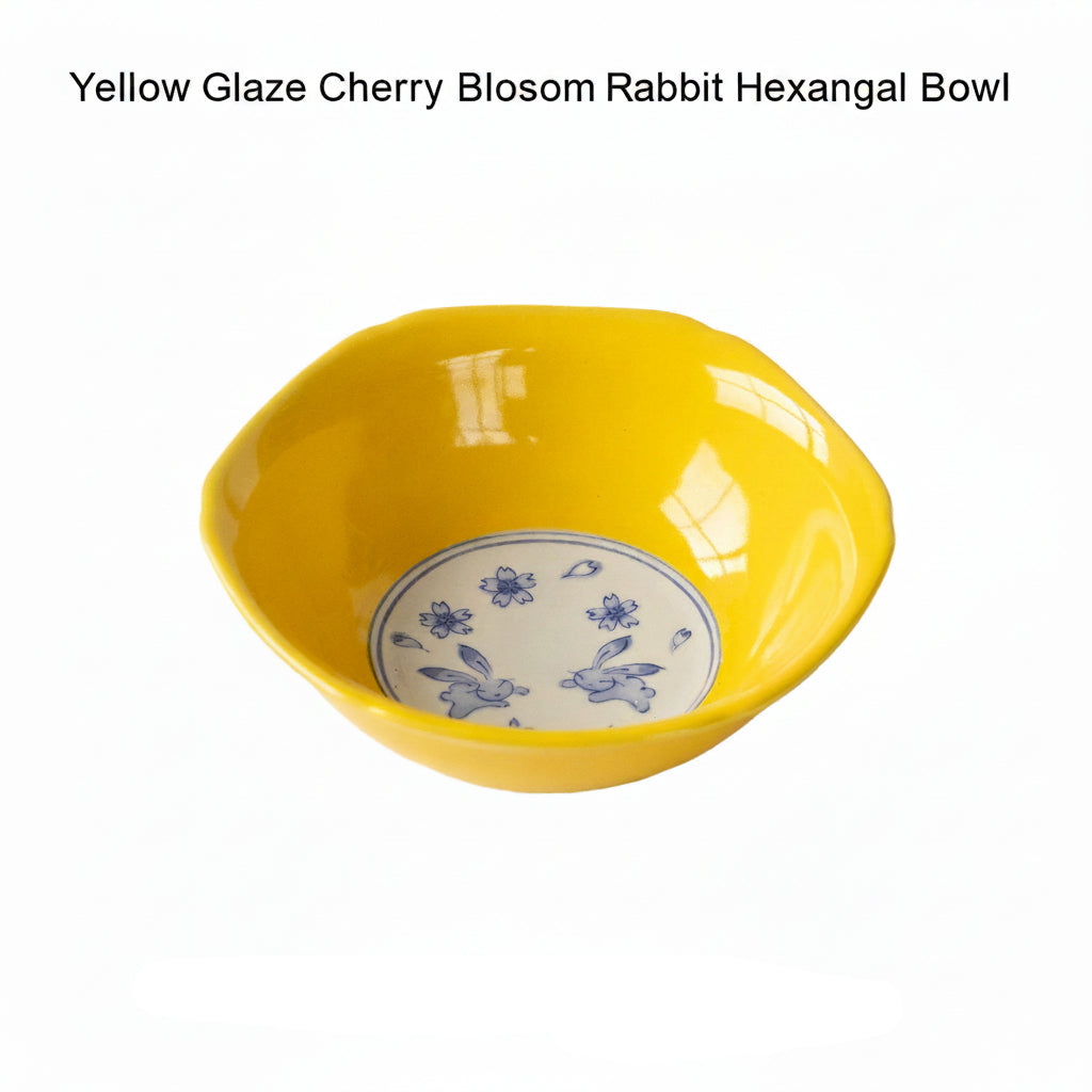 Japanese Ceramic Tableware | Yellow Glaze Cherry Blossom Rabbit | Bowl & Plate Set