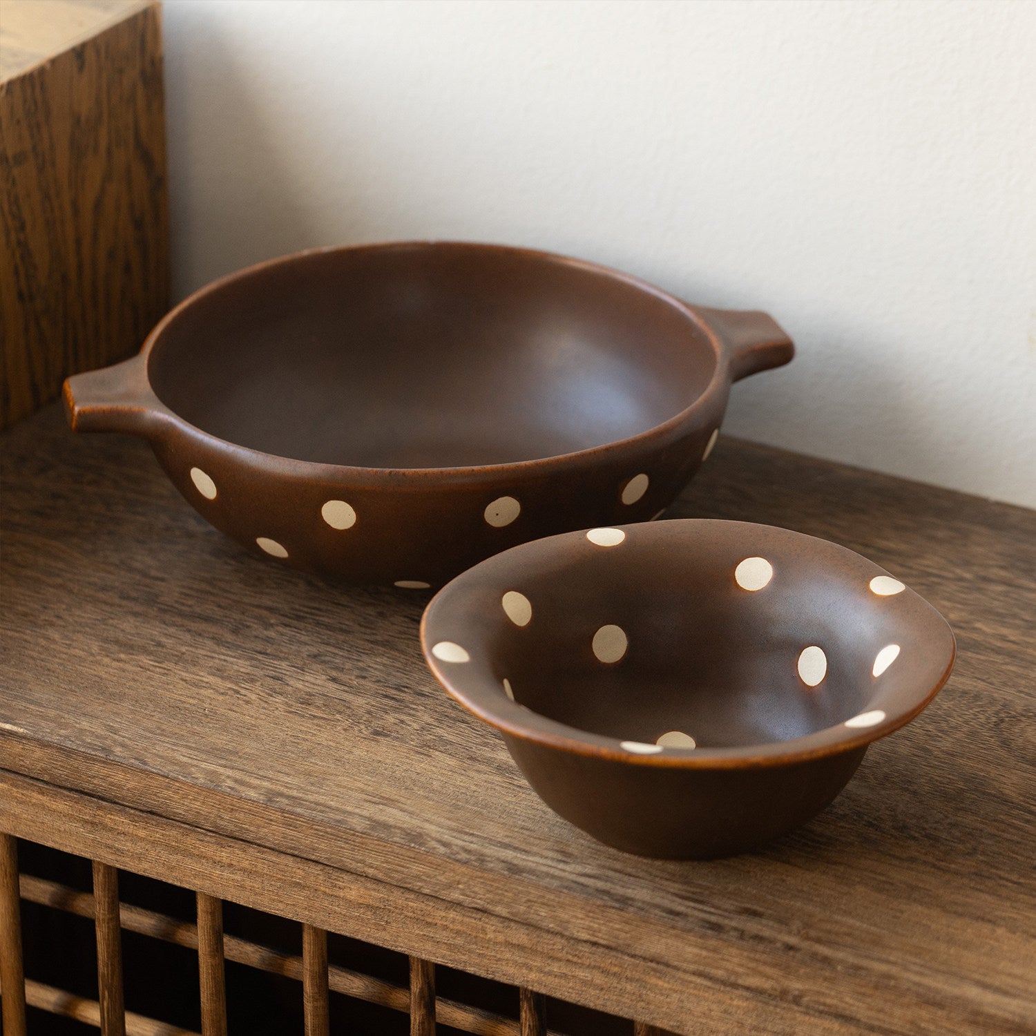 Japanese Retro Ceramic Bowl | Brown & White Polka Dot | Double-Eared Noodle Bowl & Rice Bowl