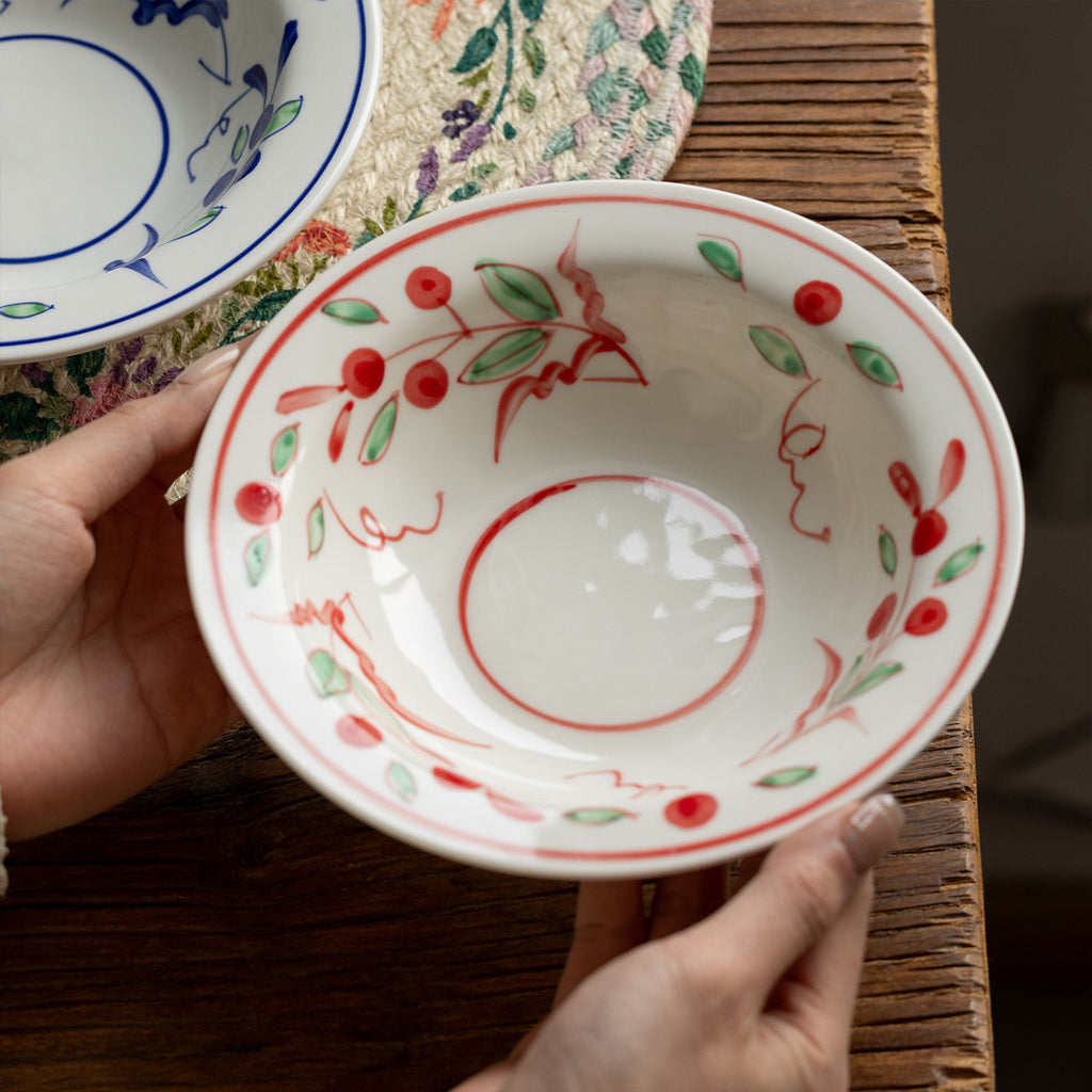 Japanese Ceramic Deep Plate | Hand-Painted Fruit & Floral Pattern | Diameter 18cm Soup Pasta Bowl