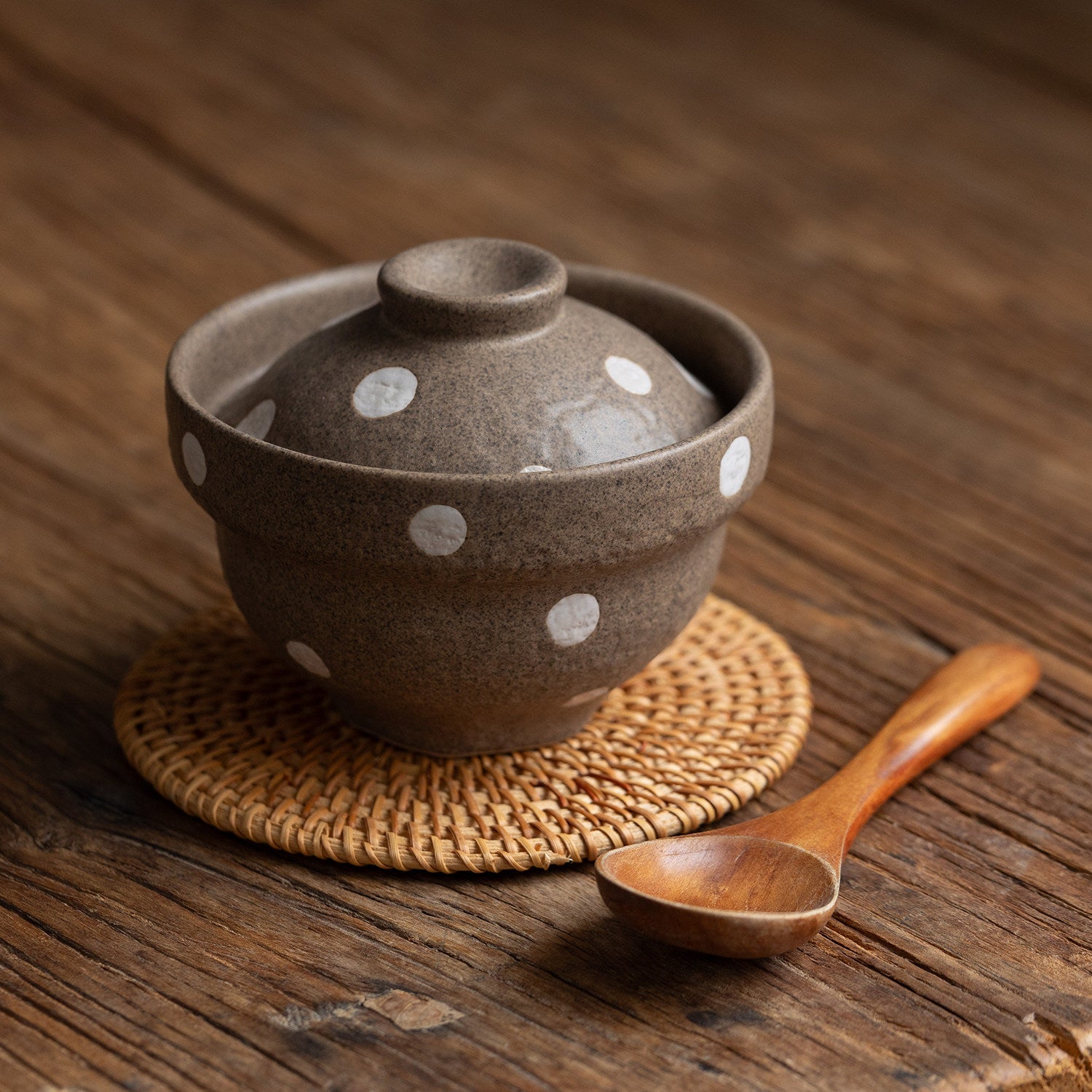 Japanese Ceramic Covered Bowl | Brown Polka Dot | 200ml Stew & Egg Custard Bowl with Lid