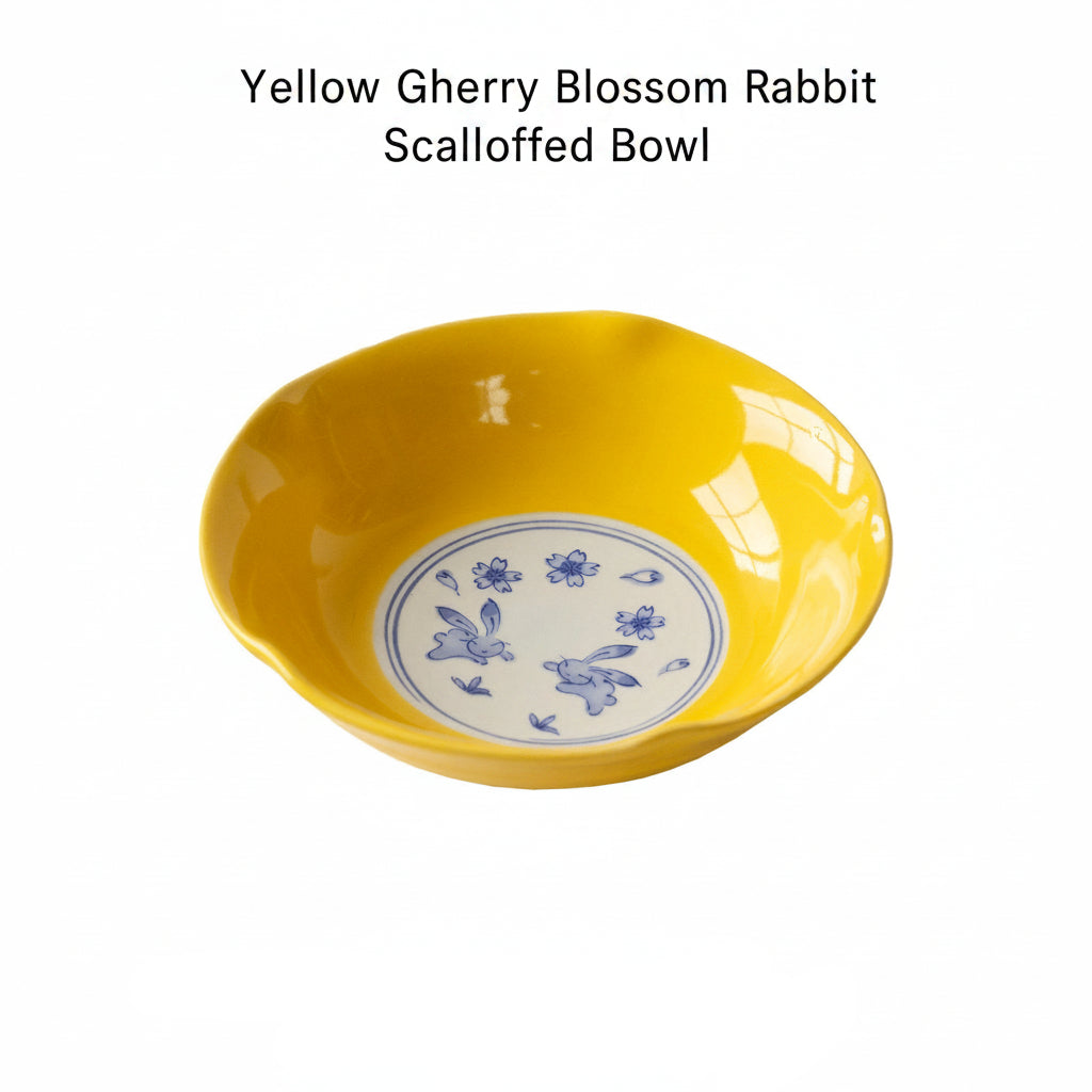 Japanese Ceramic Tableware | Yellow Glaze Cherry Blossom Rabbit | Bowl & Plate Set