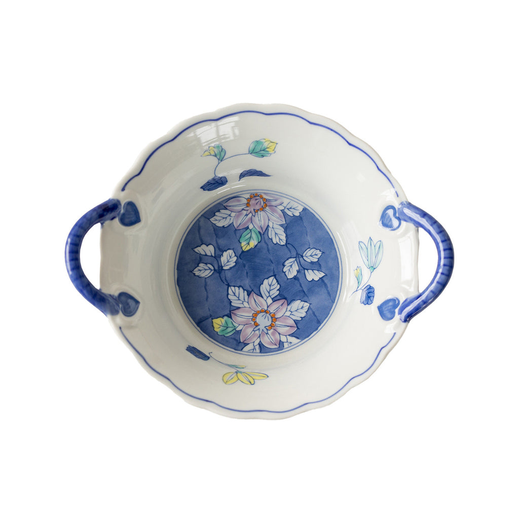 Japanese Arita Ware Ceramic Double-Eared Bowl | Hand-Painted Blue & White Floral Glaze | 16x20x5cm
