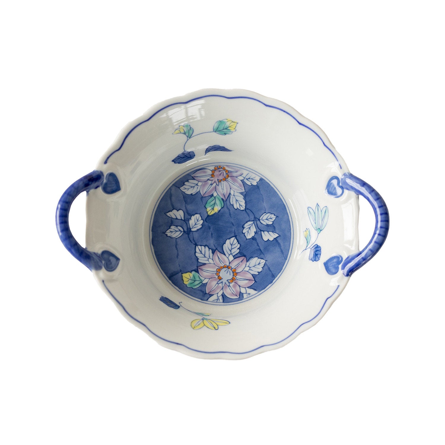 Japanese Arita Ware Ceramic Double-Eared Bowl | Hand-Painted Blue & White Floral Glaze | 16x20x5cm