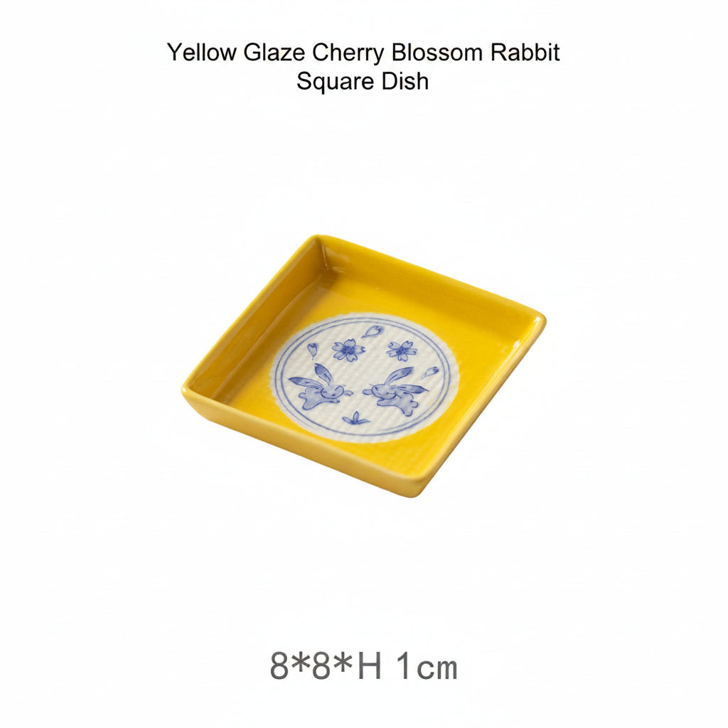 Japanese Ceramic Tableware | Yellow Glaze Cherry Blossom Rabbit | Bowl & Plate Set