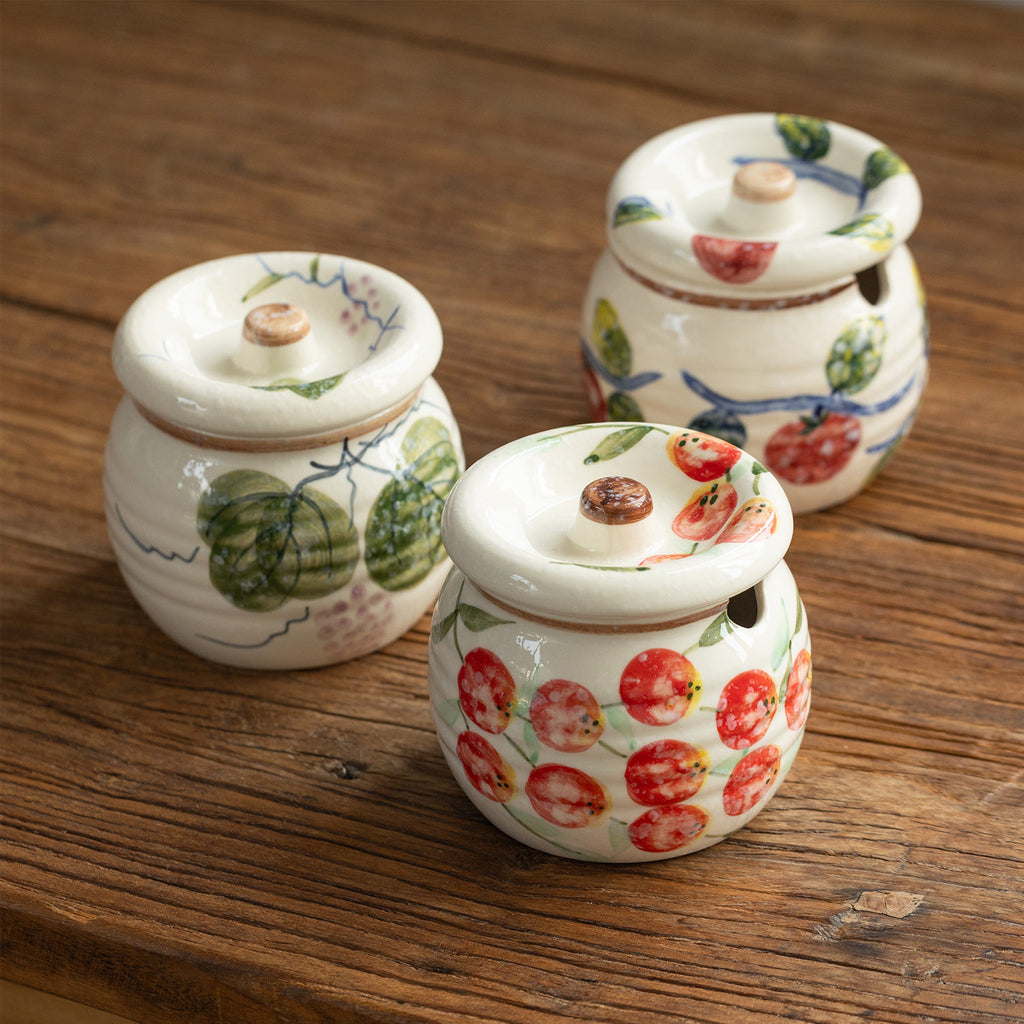 Ceramic Condiment Jar with Lid | Hand-Painted Fruit Pattern | 320ml Kitchen Storage Jar