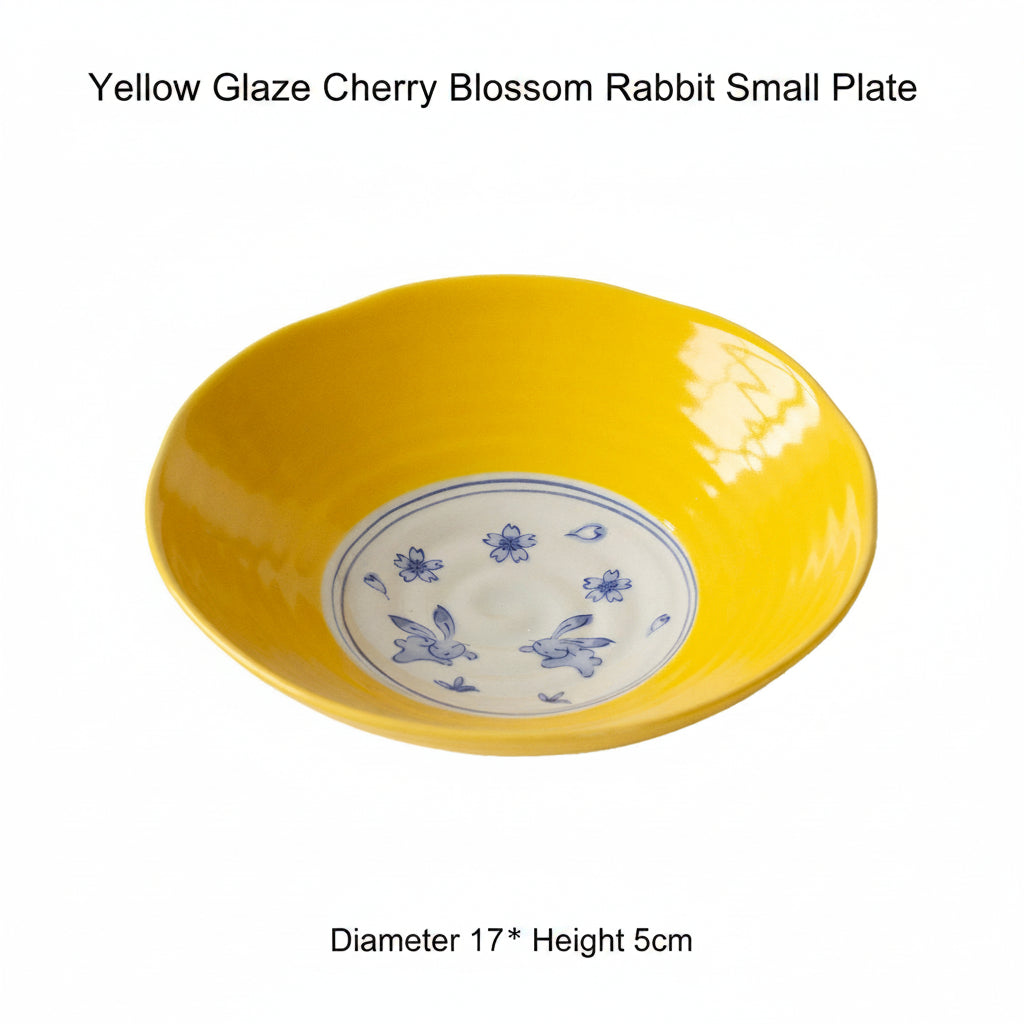 Japanese Ceramic Tableware | Yellow Glaze Cherry Blossom Rabbit | Bowl & Plate Set