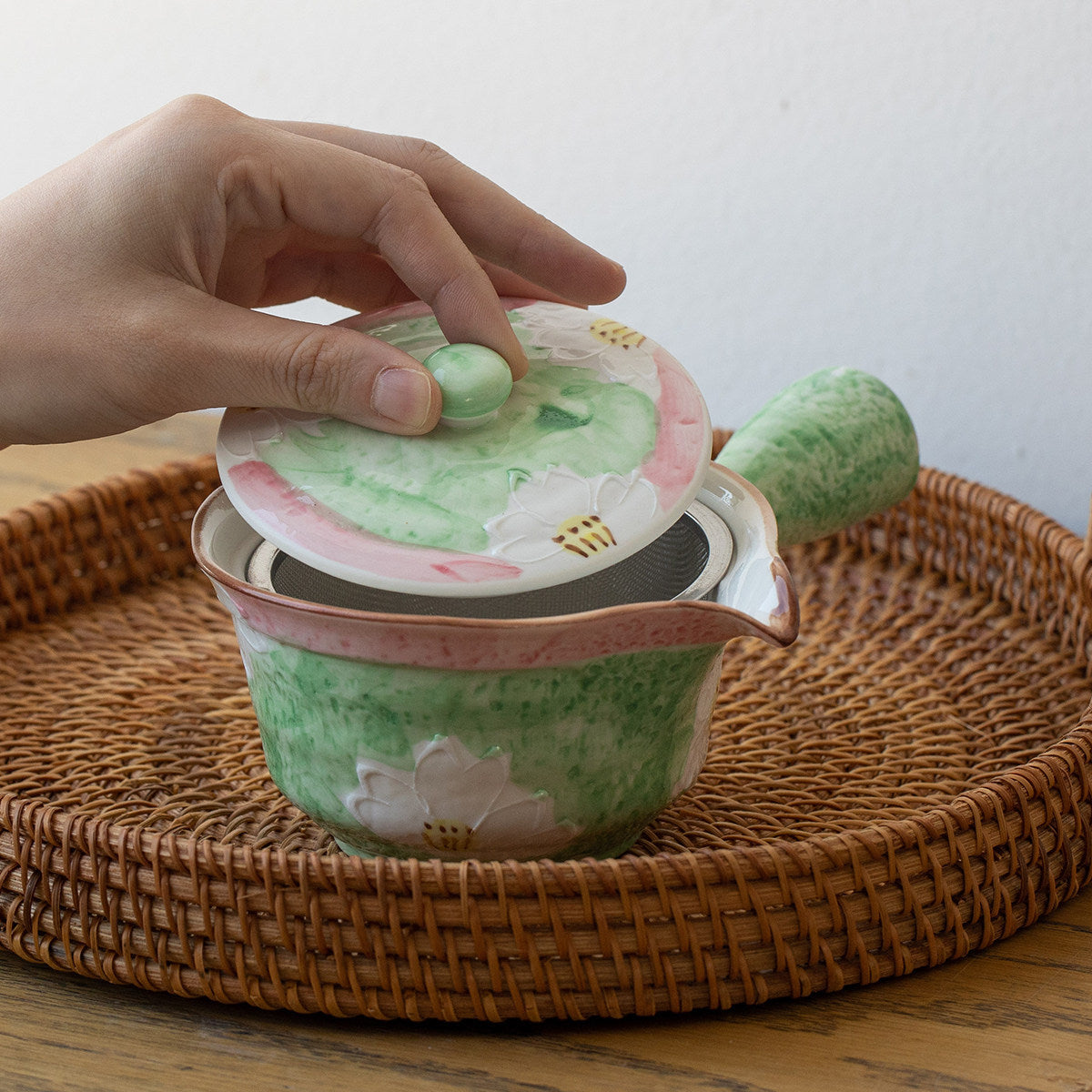 Japanese Mino Ware Ceramic Kyusu Teapot | Hand-Painted Cherry Blossom | 300ml Side Handle Tea Pot