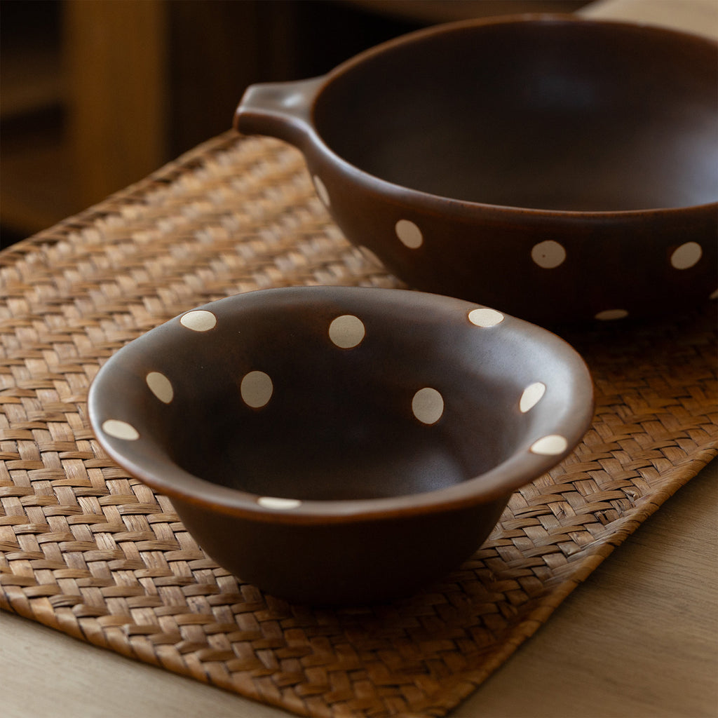 Japanese Retro Ceramic Bowl | Brown & White Polka Dot | Double-Eared Noodle Bowl & Rice Bowl