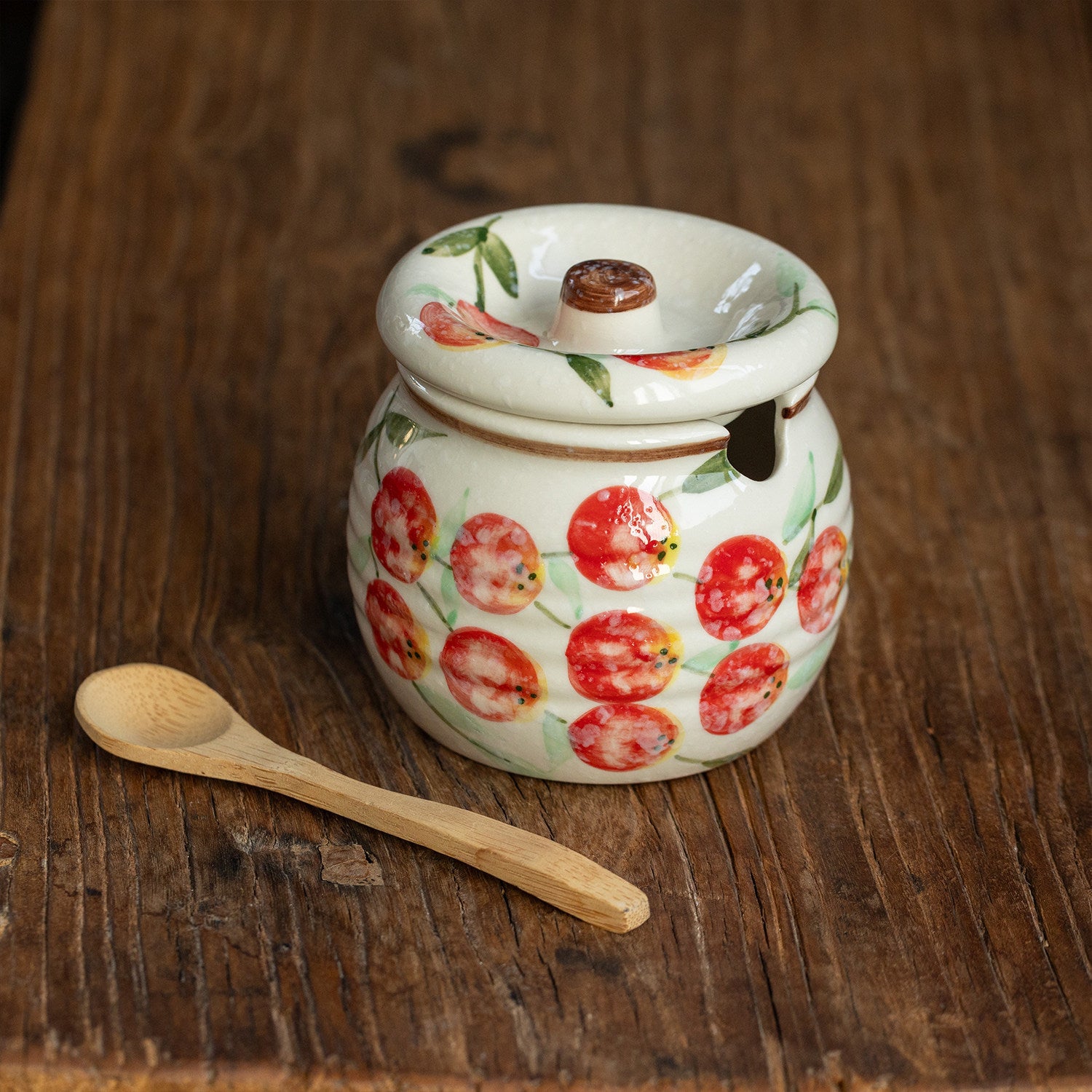 Ceramic Condiment Jar with Lid | Hand-Painted Fruit Pattern | 320ml Kitchen Storage Jar
