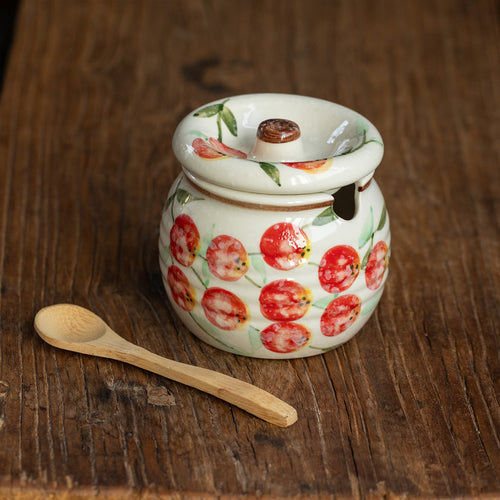 Ceramic Condiment Jar with Lid | Hand-Painted Fruit Pattern | 320ml Kitchen Storage Jar