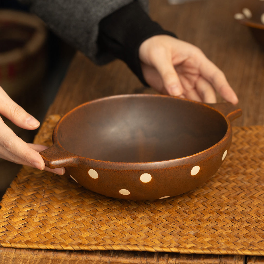 Japanese Retro Ceramic Bowl | Brown & White Polka Dot | Double-Eared Noodle Bowl & Rice Bowl