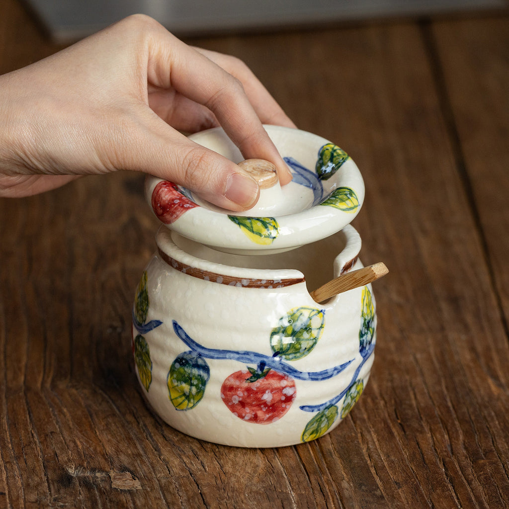 Ceramic Condiment Jar with Lid | Hand-Painted Fruit Pattern | 320ml Kitchen Storage Jar