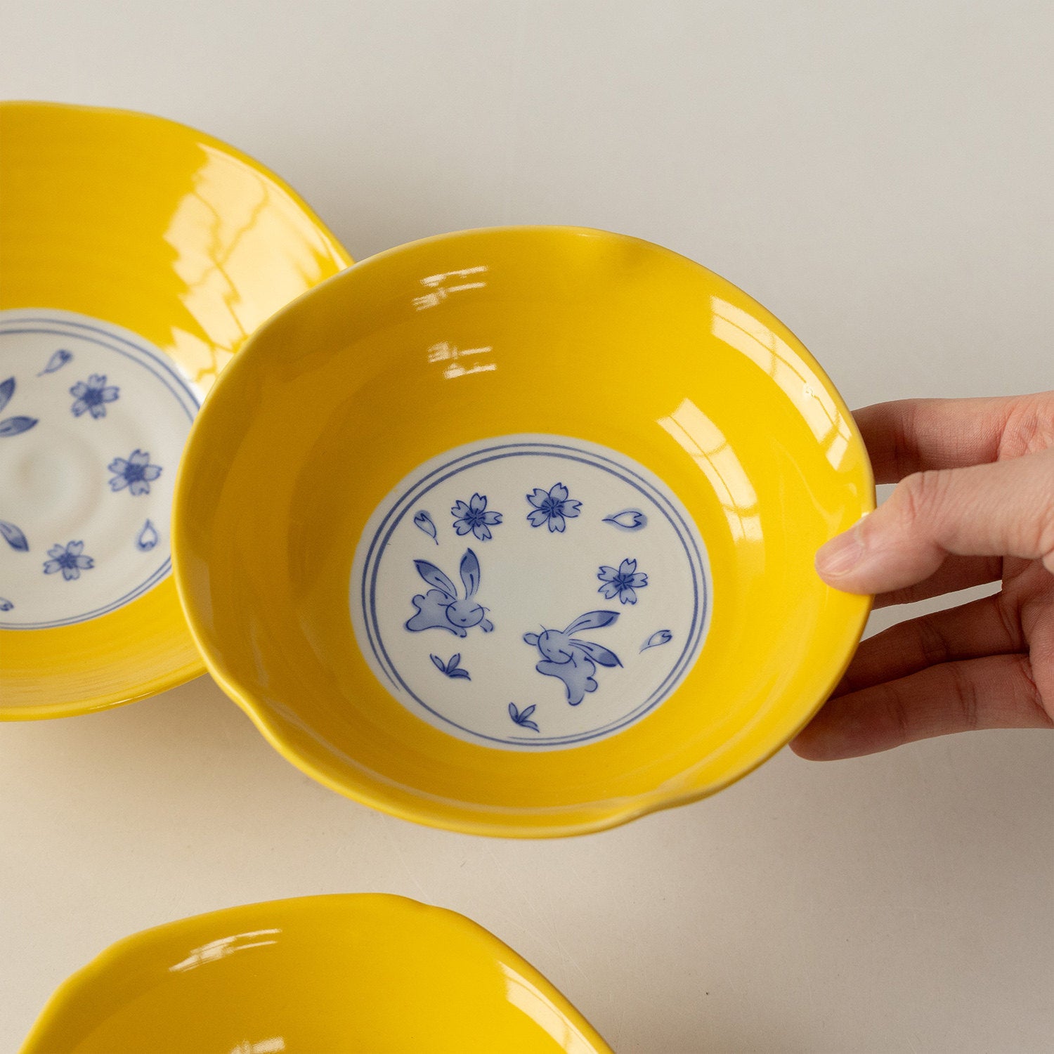 Japanese Ceramic Tableware | Yellow Glaze Cherry Blossom Rabbit | Bowl & Plate Set