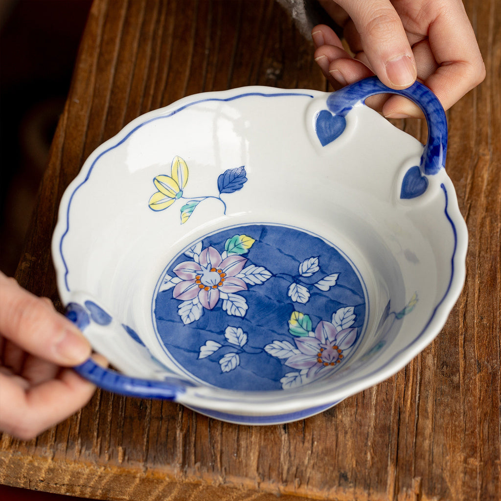 Japanese Arita Ware Ceramic Double-Eared Bowl | Hand-Painted Blue & White Floral Glaze | 16x20x5cm