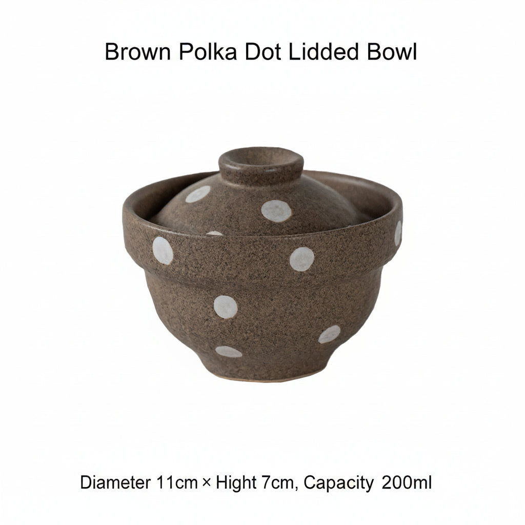 Japanese Ceramic Covered Bowl | Brown Polka Dot | 200ml Stew & Egg Custard Bowl with Lid