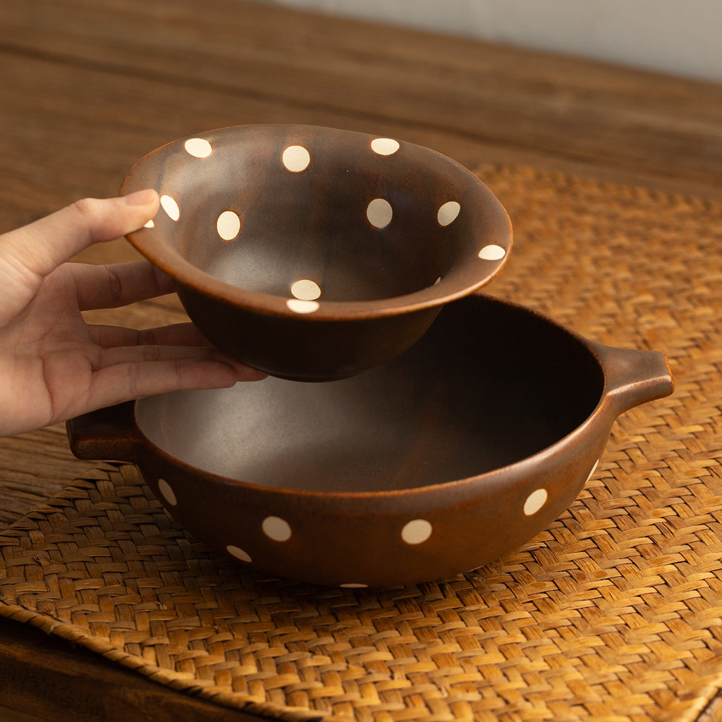 Japanese Retro Ceramic Bowl | Brown & White Polka Dot | Double-Eared Noodle Bowl & Rice Bowl