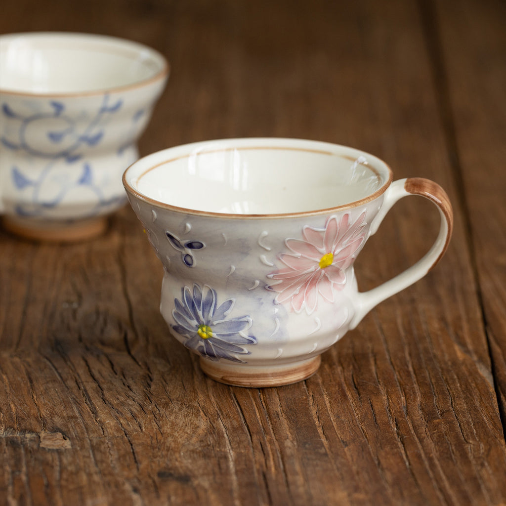Japanese Mino Ware Ceramic Mug | Hand-Painted Floral Design | 250ml Coffee Tea Cup
