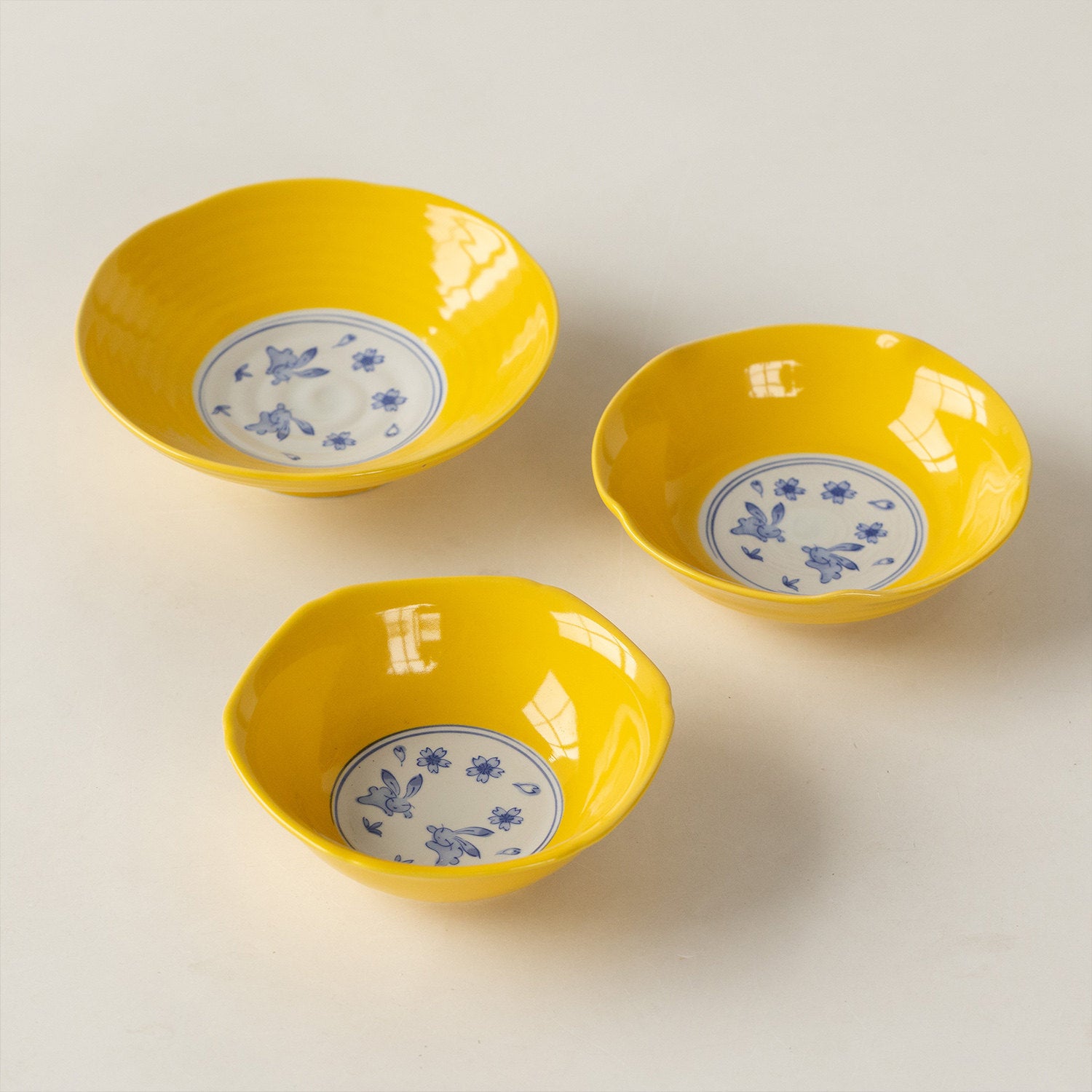 Japanese Ceramic Tableware | Yellow Glaze Cherry Blossom Rabbit | Bowl & Plate Set