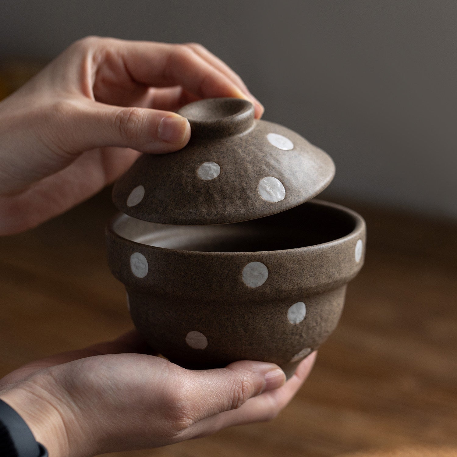 Japanese Ceramic Covered Bowl | Brown Polka Dot | 200ml Stew & Egg Custard Bowl with Lid